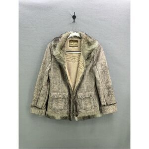 Powder River Outfitters Womens Tan Brown Faux Leather Fur Embellished Jacket Siz